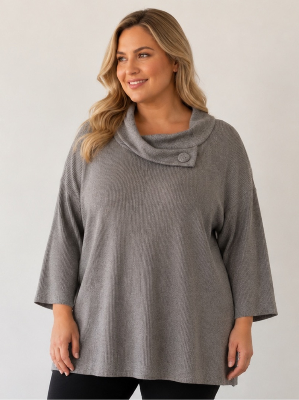 Armani Collezioni Cashmere Women's Gray Knit Button-Collar Sweater Tunic - Sz 14